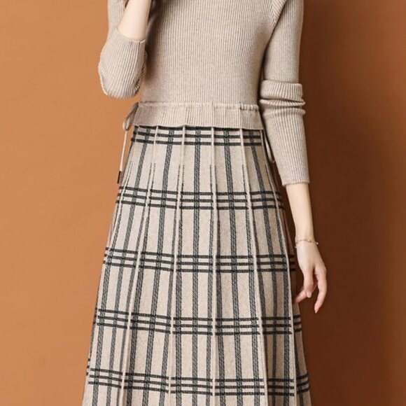 Women's Plaid Checkered Color Block A Line Pleated Knit Midi Dress - Picture 2 of 4